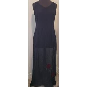 Johnny Was Black Mesh Maxi Dress M Embroidered Roses Floral Boho Romantic